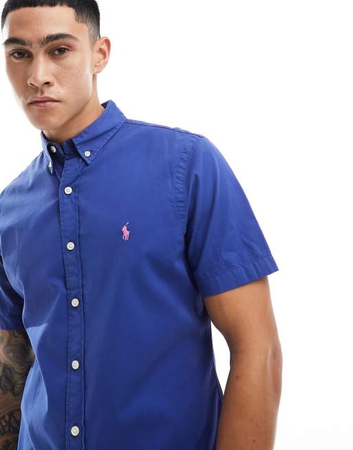 Threadbare Cotton Polo Collar Jumper icon logo short sleeve twill shirt slim fit in royal blue