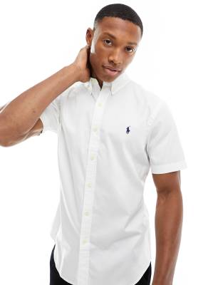 Polo Ralph Lauren Icon Logo Short Sleeve Twill Shirt Slim Fit In White