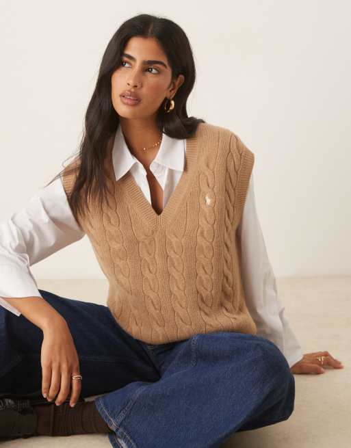 Polo Ralph Lauren icon logo sleeveless cable knit v neck jumper in camel