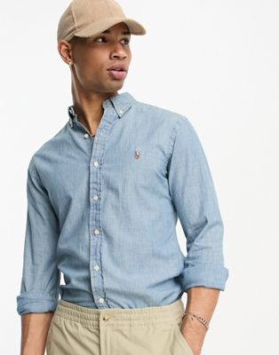 Polo Ralph Lauren icon logo slim fit chambray denim shirt in light wash - ASOS Price Checker