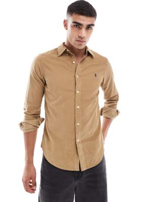 Polo Ralph Lauren icon logo slim fit cord shirt in tan-Brown