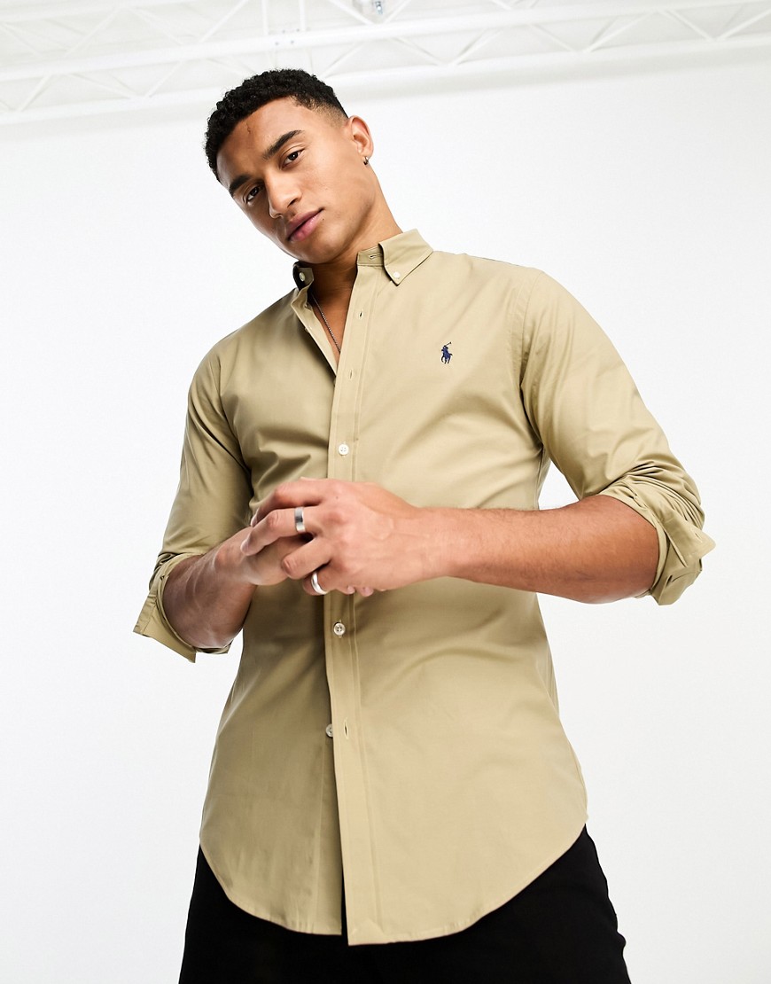 Polo Ralph Lauren icon logo slim fit cotton stretch poplin shirt in tan-Brown