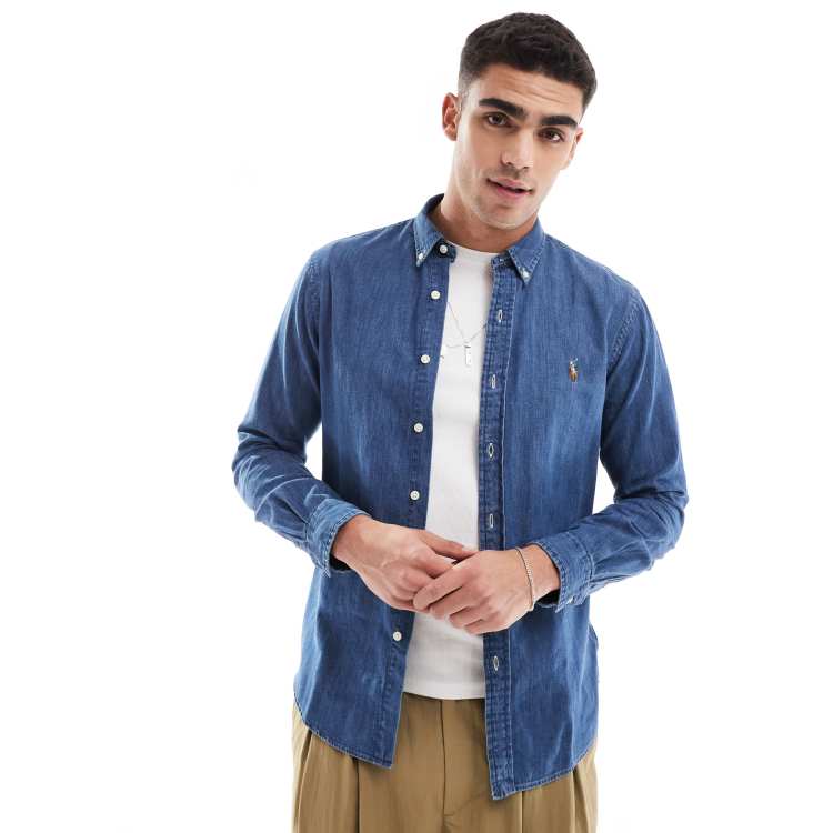 Polo Ralph Lauren icon logo slim fit denim shirt in mid wash ASOS