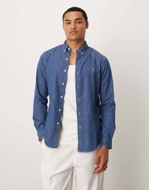 Polo Ralph Lauren icon logo slim fit denim shirt in mid wash - view 1