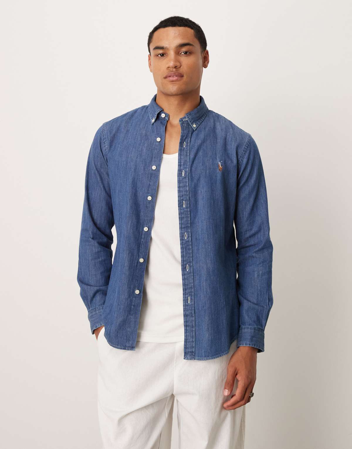 Polo Ralph Lauren icon logo slim fit denim shirt in mid wash