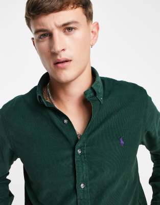 Polo Ralph icon logo slim fit fine cord shirt buttondown in green | AccuWeather Shop