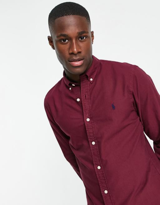 Polo Ralph Lauren icon logo slim fit garment dyed button down Oxford shirt  in burgundy | ASOS