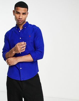 Polo Ralph Lauren icon logo slim fit garment dyed oxford shirt button down in royal blue - ASOS Price Checker