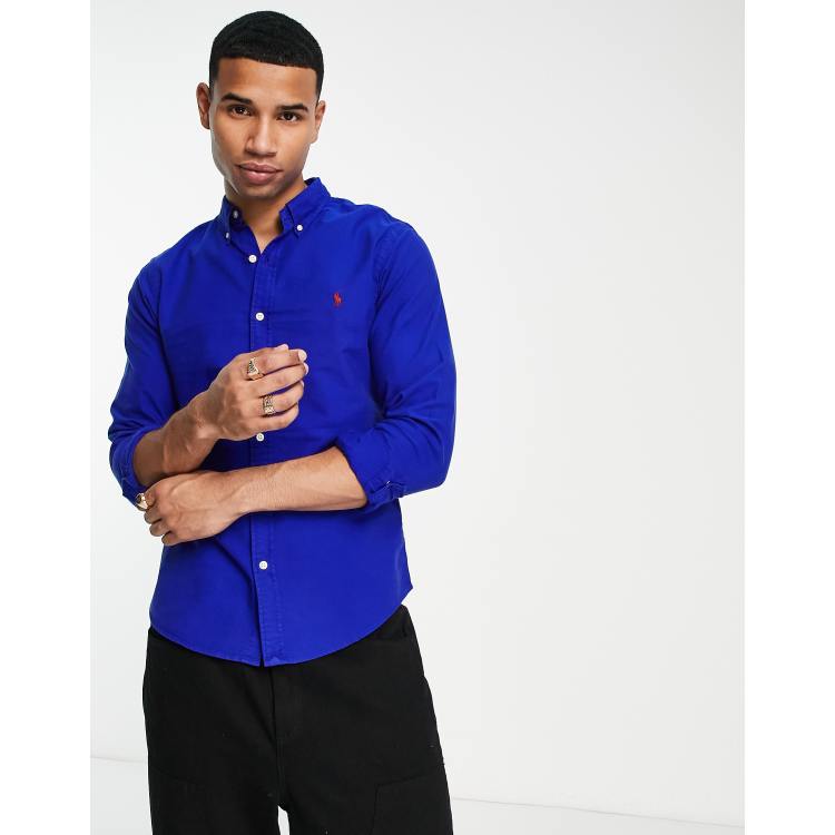 Polo Ralph Lauren icon logo slim fit garment dyed oxford shirt button down  in royal blue | ASOS