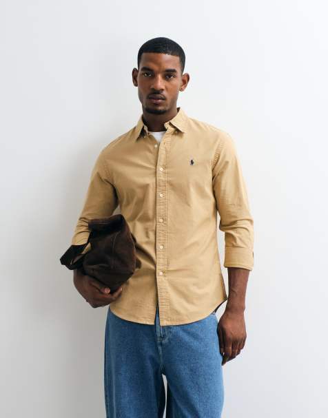 Polo Ralph Lauren icon logo slim fit garment dyed oxford shirt in beige - view 1