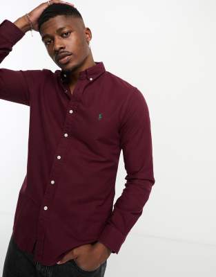 POLO RALPH LAUREN ICON LOGO SLIM FIT GARMENT DYED OXFORD SHIRT IN BURGUNDY-RED