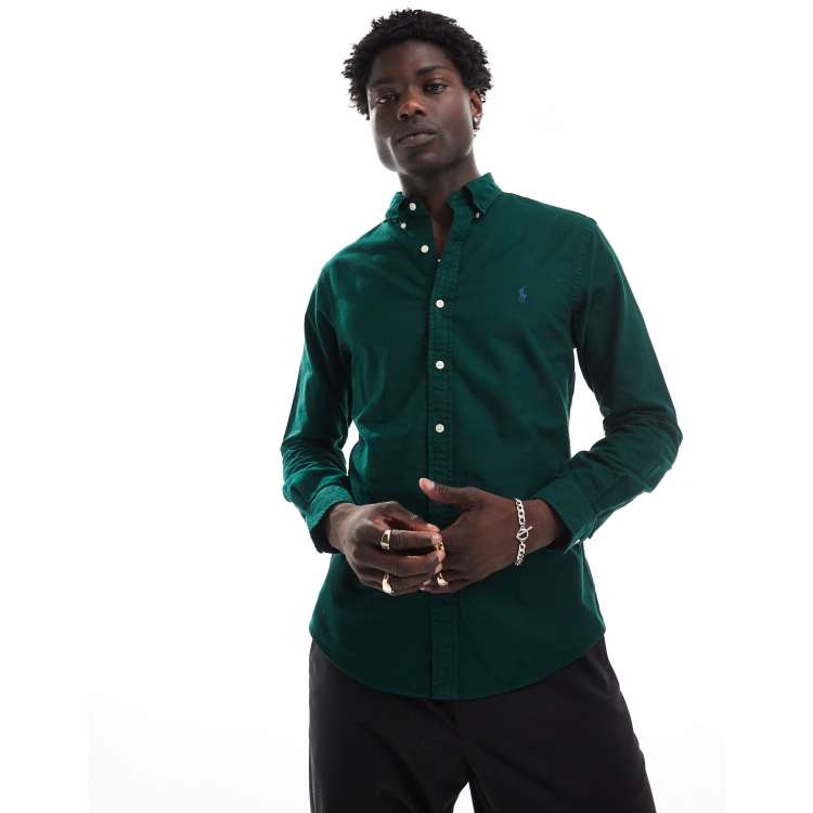 Polo Ralph Lauren icon logo slim fit garment dyed oxford shirt in dark green  | ASOS
