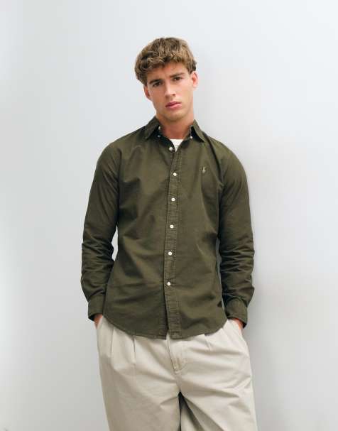Polo Ralph Lauren icon logo slim fit garment dyed oxford shirt in dark green - view 1