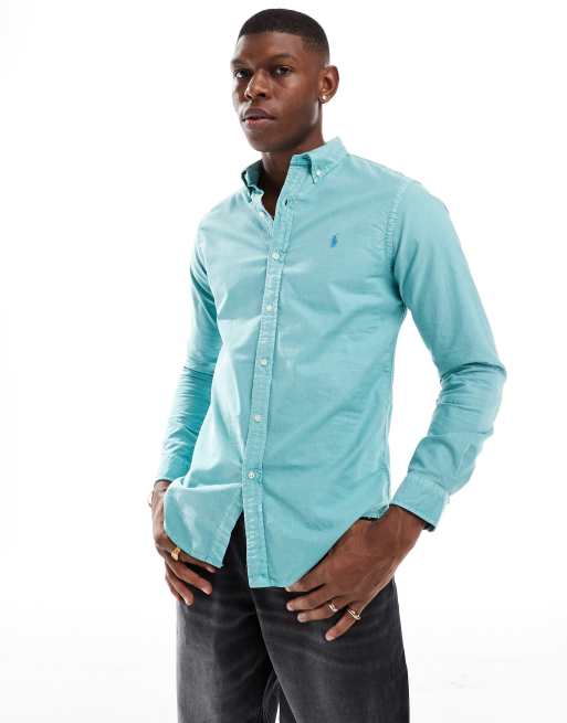 Polo Ralph Lauren icon logo slim fit garment dyed oxford shirt in light green ASOS