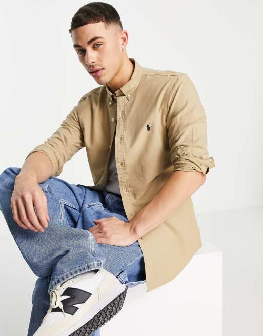 Polo Ralph Lauren icon logo slim fit garment dyed oxford shirt in tan ASOS