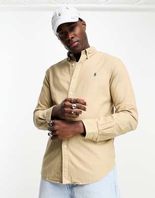 Shop Polo Ralph Lauren Icon Logo Slim Fit Garment Dyed Oxford Shirt In Tan-brown