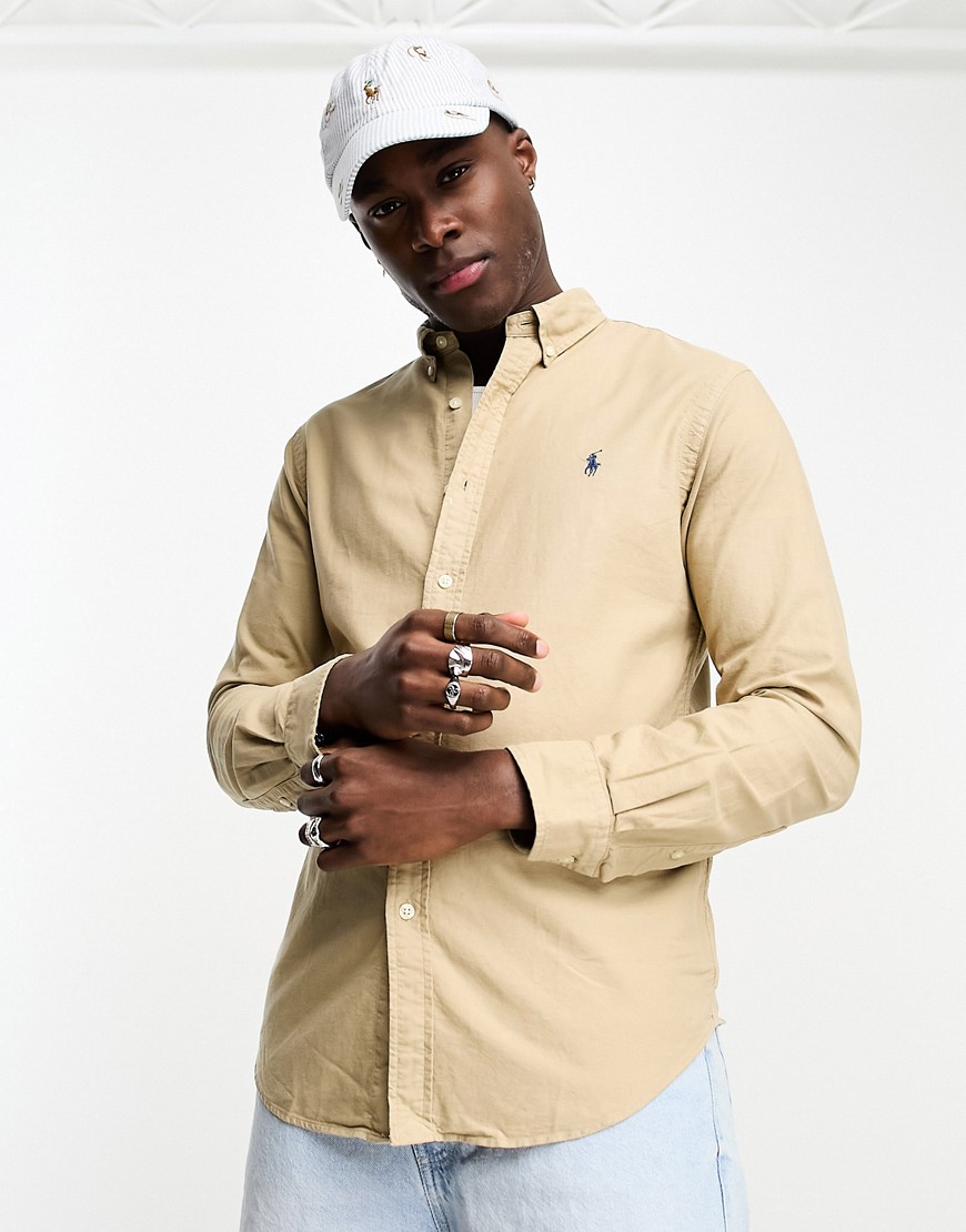Polo Ralph Lauren icon logo slim fit garment dyed oxford shirt in tan-Brown