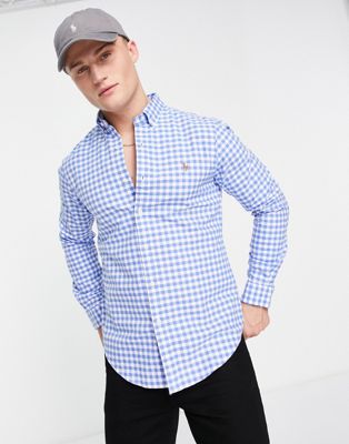 Polo Ralph Lauren icon logo slim fit gingham check oxford shirt in blue/white