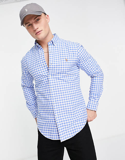 Polo Ralph Lauren icon logo slim fit gingham check oxford shirt in blue ...