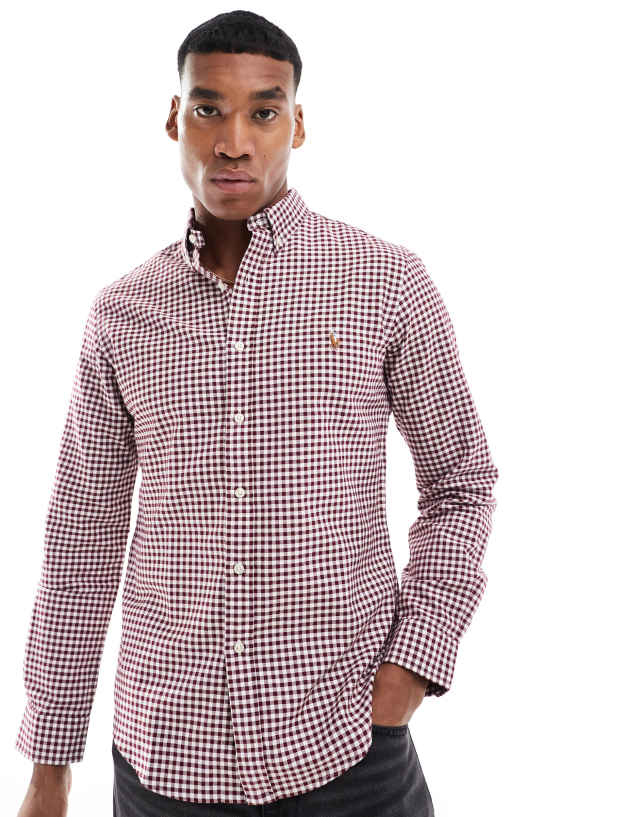 Polo Ralph Lauren - icon logo slim fit gingham oxford shirt in burgundy/white