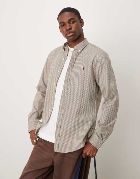 Polo Ralph Lauren icon logo slim fit houndstooth print stretch poplin shirt in light brown - view 1