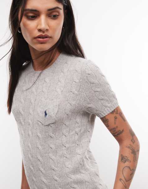 Polo Ralph Lauren icon logo slim-fit katoenen kabeltrui met korte mouwen in grijs - view 1