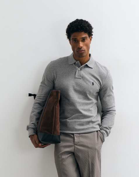 Polo Ralph Lauren Icon-Logo Slim Fit Langarm-Piqué-Polo in Grau - view 1