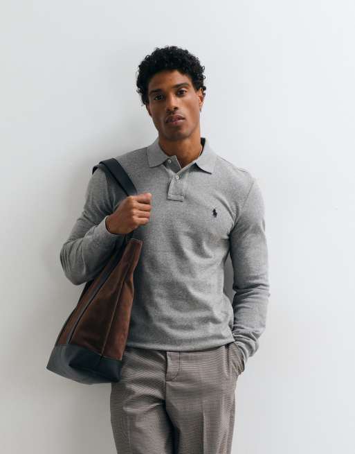 Polo Ralph Lauren icon logo slim fit långärmad pikétröja i grått, 5 av 5