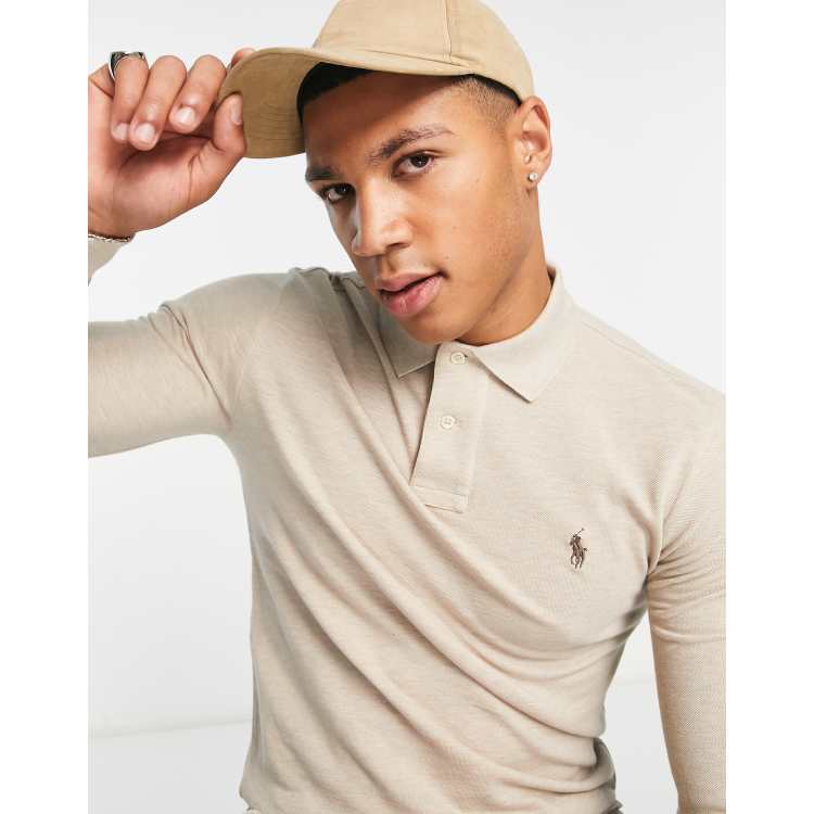 Polo Ralph Lauren icon logo slim fit long sleeve pique polo in beige  heather