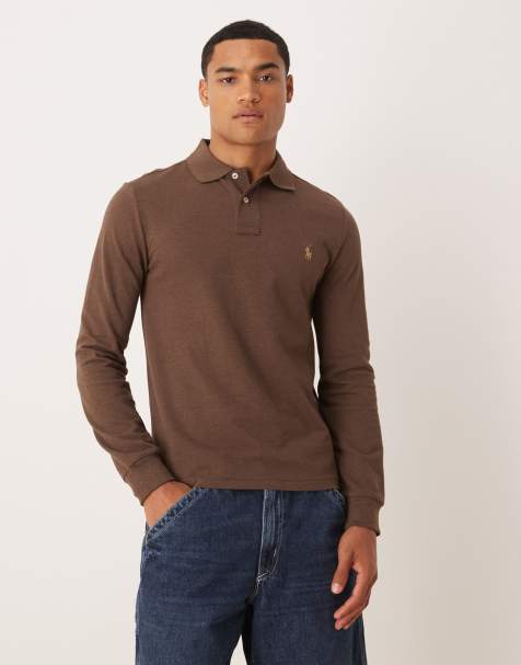 Polo Ralph Lauren icon logo slim fit long sleeve pique polo in brown marl - view 1