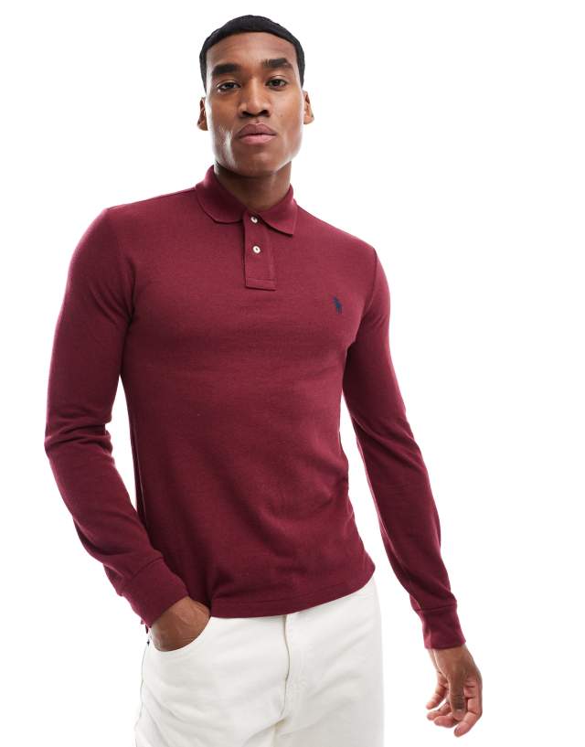 Polo Ralph Lauren - icon logo slim fit long sleeve pique polo in burgundy marl