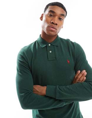 Polo Ralph Lauren icon logo slim fit long sleeve pique polo in dark green marl