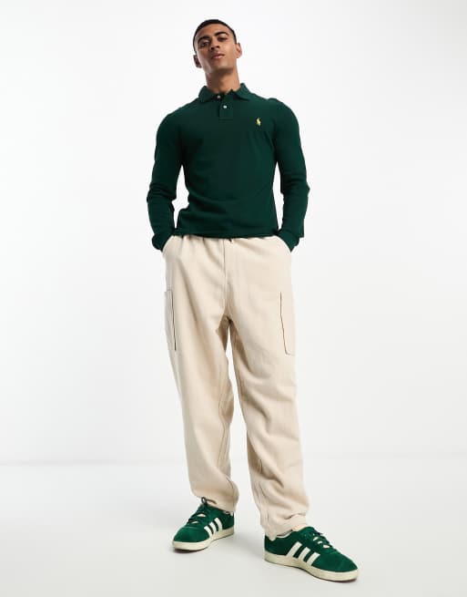 Polo Ralph Lauren icon logo slim fit long sleeve pique polo in dark green |  ASOS