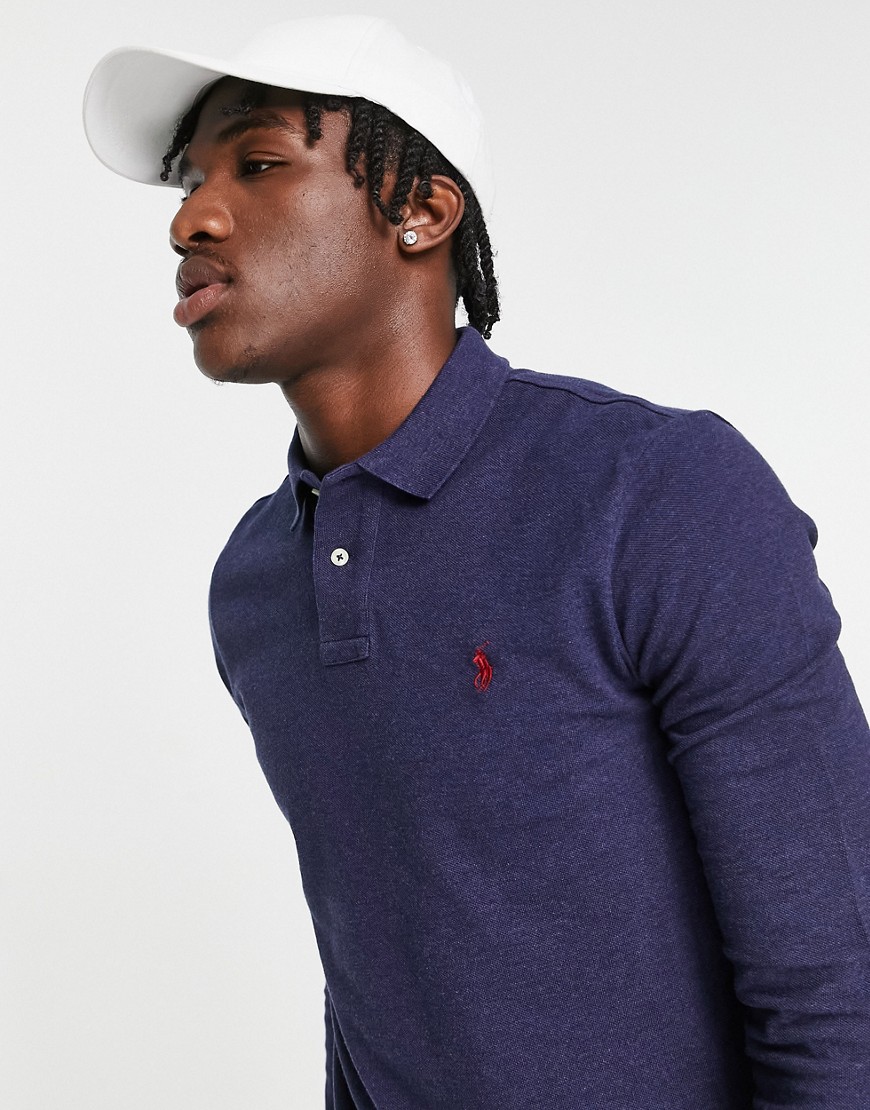 Polo Ralph Lauren icon logo slim fit long sleeve pique polo in navy marl