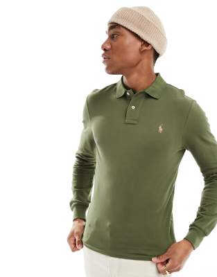 Polo Ralph Lauren Polo Ralph Lauren icon logo slim fit long sleeve pique polo in sage green