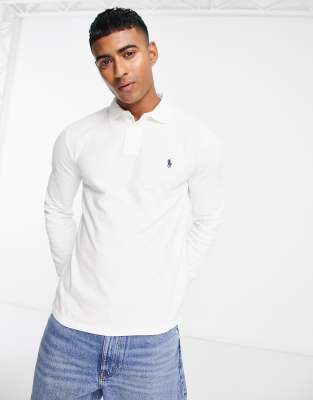 Polo Ralph Lauren icon logo slim fit long sleeve pique polo in white - ASOS Price Checker