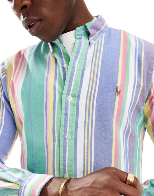 Polo Ralph Lauren icon logo slim fit multi stripe oxford shirt in multi, 3 of 4