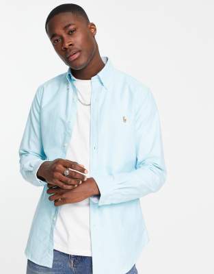 Polo Ralph Lauren Icon Logo Slim Fit Oxford Shirt In Aqua Blue