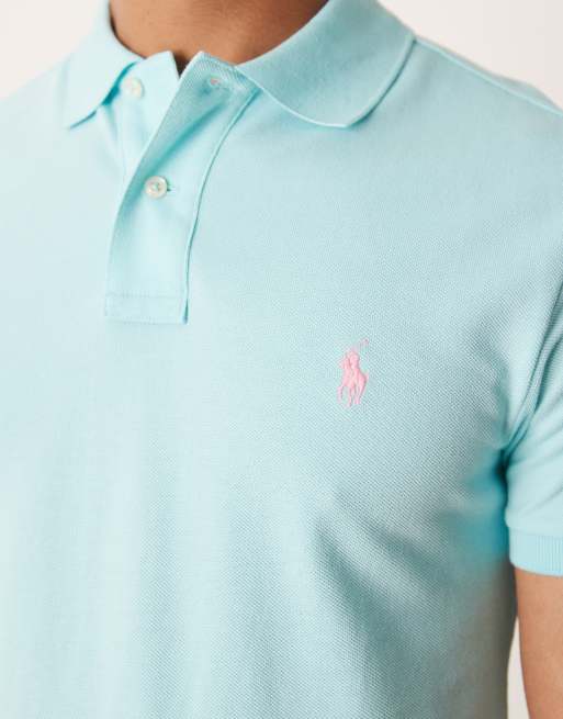 Polo Ralph Lauren icon logo slim fit pique polo in aqua blue | ASOS