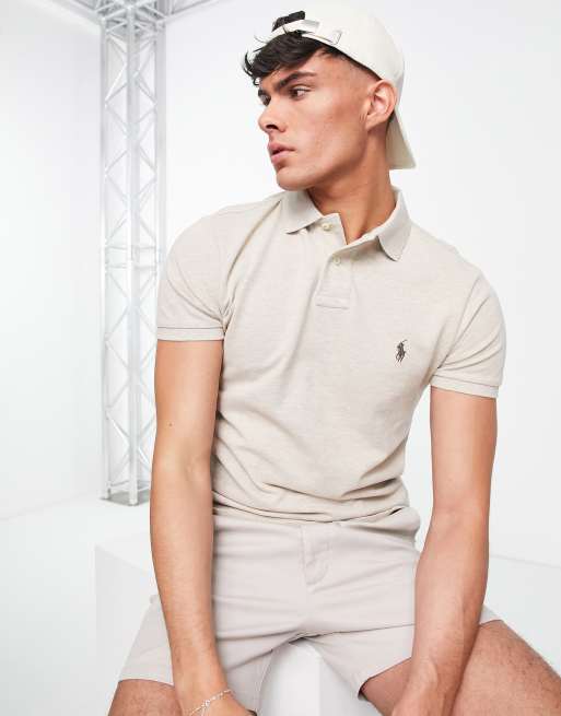 Polo Ralph Lauren icon logo slim fit pique polo in beige marl | ASOS