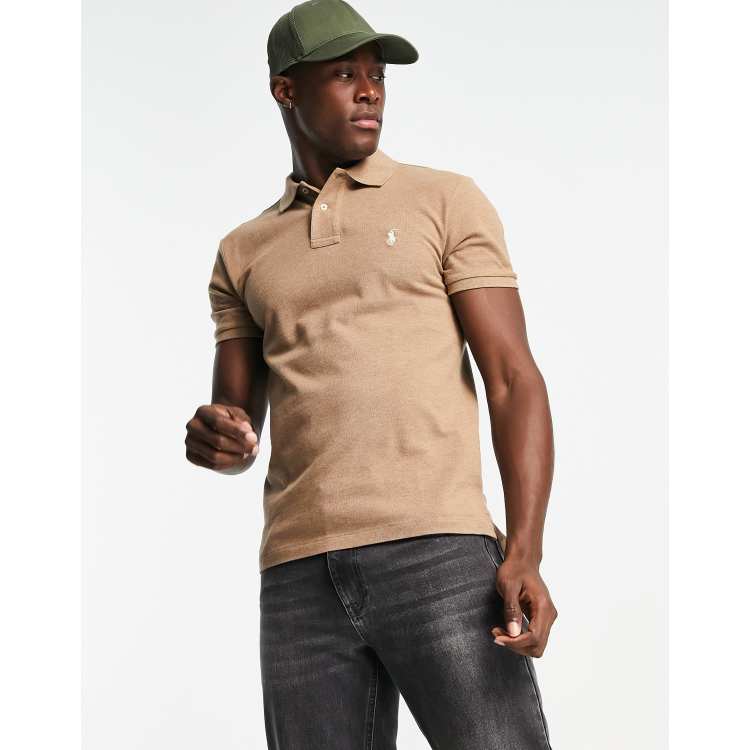 Polo Ralph Lauren Icon Logo Slim Fit Long Sleeve Pique Polo in Beige heather-Neutral