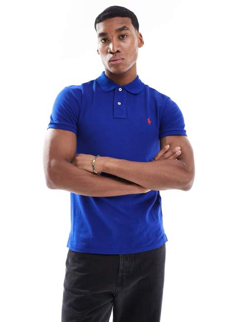 Polo Ralph Lauren icon logo slim fit pique polo in mid blue