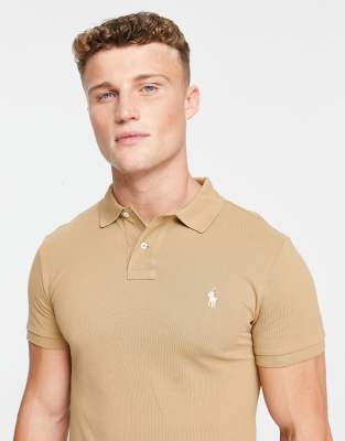 Polo Ralph Lauren icon logo slim fit pique polo in tan - ASOS Price Checker