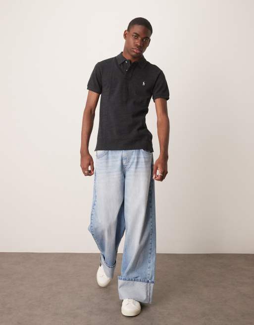 Polo Ralph Lauren icon logo slim fit pique polo shirt in black marl