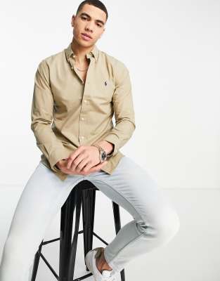 Polo Ralph Lauren icon logo slim fit poplin shirt in beige - ASOS Price Checker