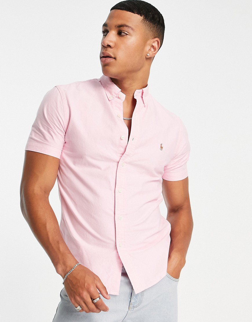 Polo Ralph Lauren icon logo slim fit short sleeve oxford shirt in pink