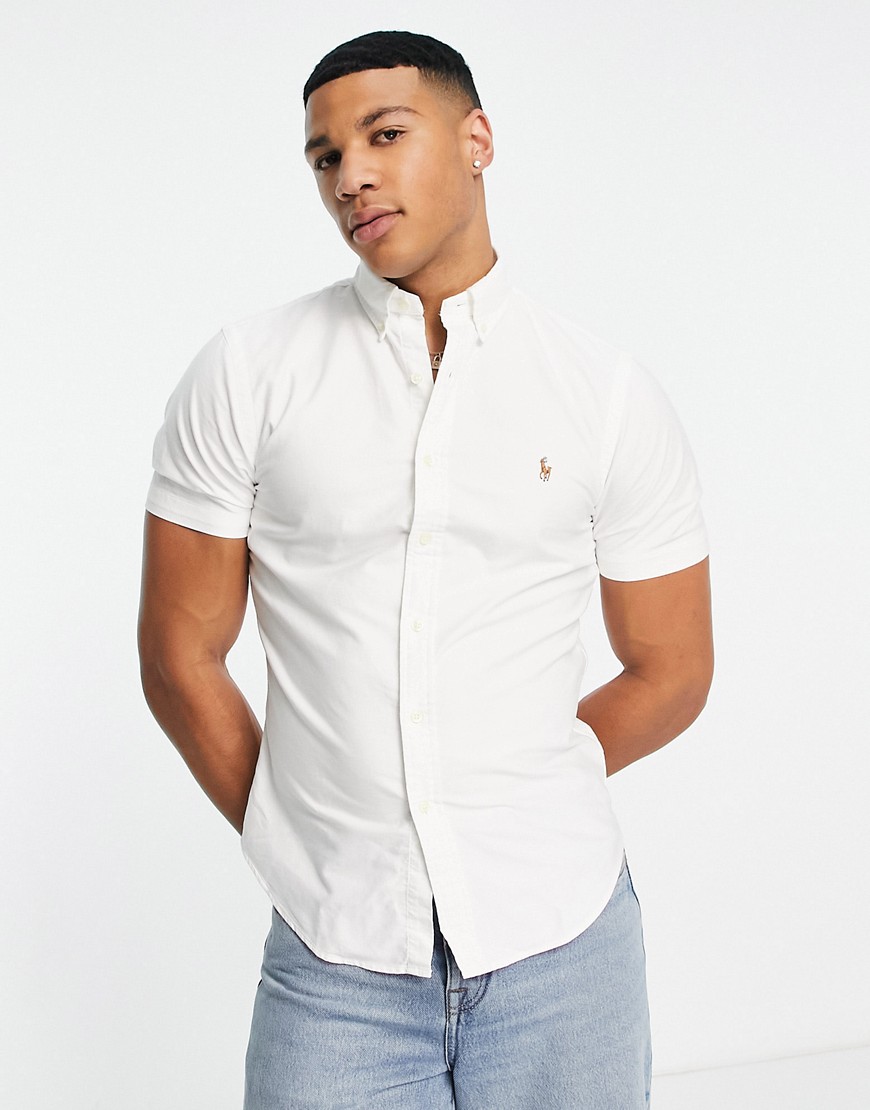 Polo Ralph Lauren icon logo slim fit short sleeve oxford shirt in white