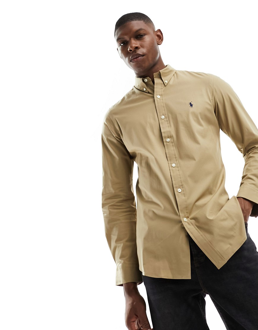 Polo Ralph Lauren icon logo slim fit stretch poplin shirt in tan-Brown