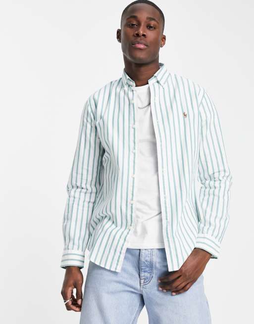 Polo Ralph Lauren icon logo slim fit stripe oxford shirt in green/white |  ASOS