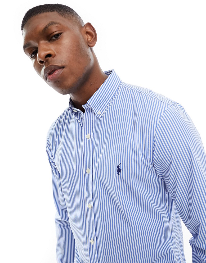 Polo Ralph Lauren icon logo slim fit stripe stretch poplin shirt in light blue/white
